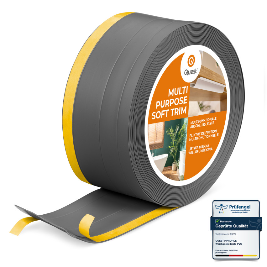 Plinthe de finition W2 en PVC 4-en-1 120 mm, baguette autocollante, masquante, plinthe souple pour sol et mur, gris foncé