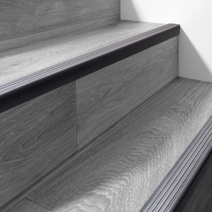 Nez de marche PVC 50x42 mm, profilé d'escalier RGP, antidérapant, protection d’escalier, noir-argent, 150 cm