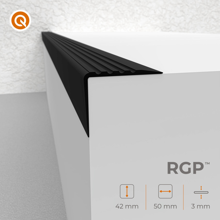 Nez de marche PVC 50x42 mm, profilé d'escalier RGP, antidérapant, protection d’escalier, noir-argent, 150 cm